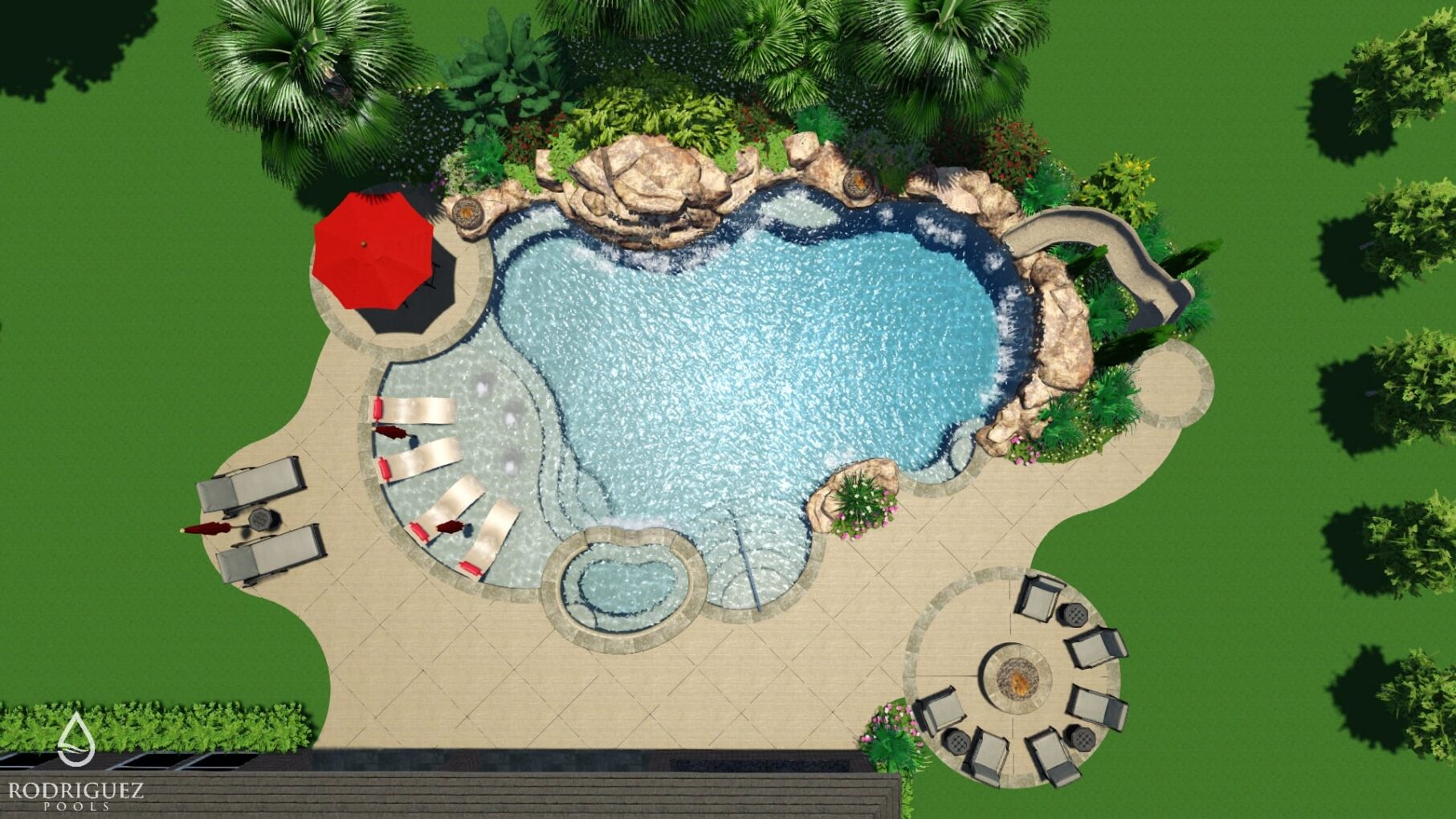 A pool with an area for lounging and swimming.