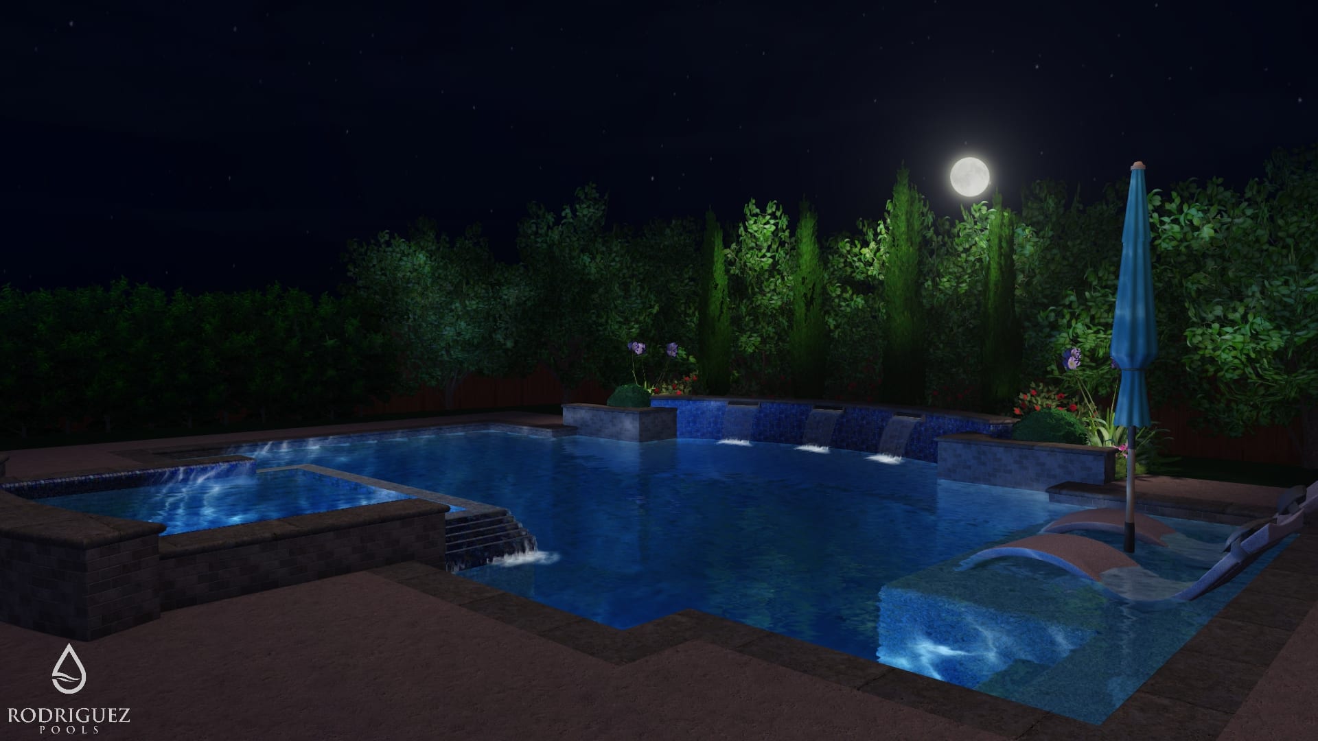 A pool with lights on and trees in the background